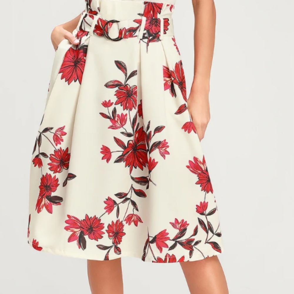 NEW Begonia Be Mine Cream Floral Print Belted Midi Skirt -  size L